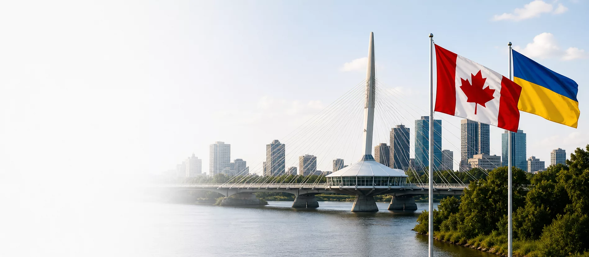 Прапори Канади та України на тлі Вінніпега